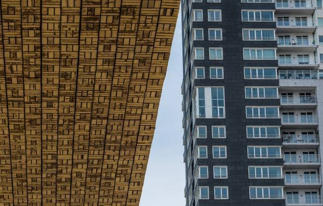 The Herman Teirlinck office building of the Flemish Government and the Upsite Tower in Laeken, Brussels, Belgium 15 APRIL 2020