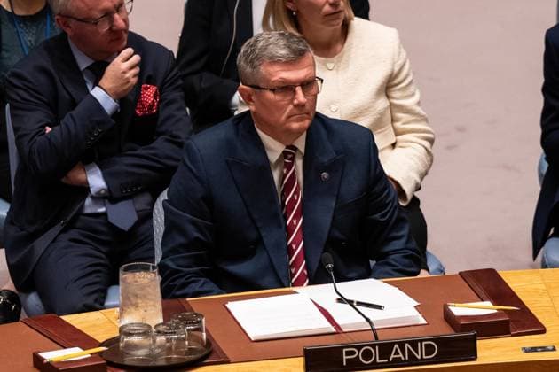 September 12, 2025, New York, New York, USA: Marcin Bosacki, Secretary of State of Poland attends Security Council emergency meeting at UN Headquarters in New York, NY on September 12, 2025. Emergency meeting was called at the request of Poland after number of Russian drones entered Poland during ongoing conflict between Russia and Ukraine. All drones were shot down and there were no reported casualties but damages residential houses. New York USA - ZUMAr339 20250912_znp_r339_011 Copyright: xLevxRadinx