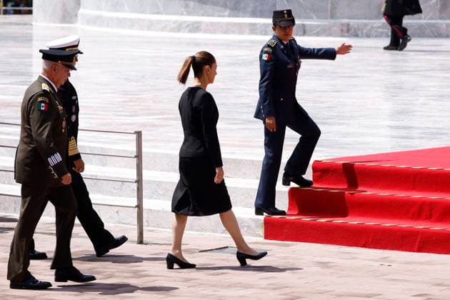 Ceremony Commemorative For The 178th Anniversary of The Ninos Heroes (L-R) Minister of Mexican National Defense, Ricardo Trevilla Trejo; Minister of the Mexico s Navy, Raymundo Morales Angeles and Mexico s President Claudia Sheinbaum Pardo walking to altar during the commemorative ceremony for the 178th anniversary of the Ninos Heroes of Chapultepec at the Altar of the Fatherland in the Castillo de Chapultepec. on September 13, 2025 in Mexico City, Mexico. (Photo by Luis Barron Eyepix Group) Copyright: xLuisxBarronx xEyepixxGroupx LB_13092025_170205