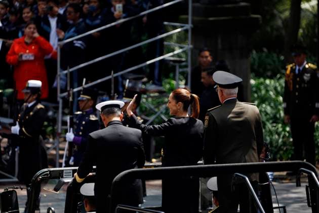 (L-R) Minister of the Mexico s Navy, Raymundo Morales Angeles; Mexico s President Claudia Sheinbaum Pardo and Minister of Mexican National Defense, Ricardo Trevilla Trejo leave after the commemorative ceremony for the 178th anniversary of the NioÂ±os Heroes of Chapultepec at the Altar of the Fatherland in the Castillo de Chapultepec. on September 13, 2025 in Mexico City, Mexico. Mexico City Mexico - ZUMAe321 20250913_zia_e321_026 Copyright: xLuisxBarronx