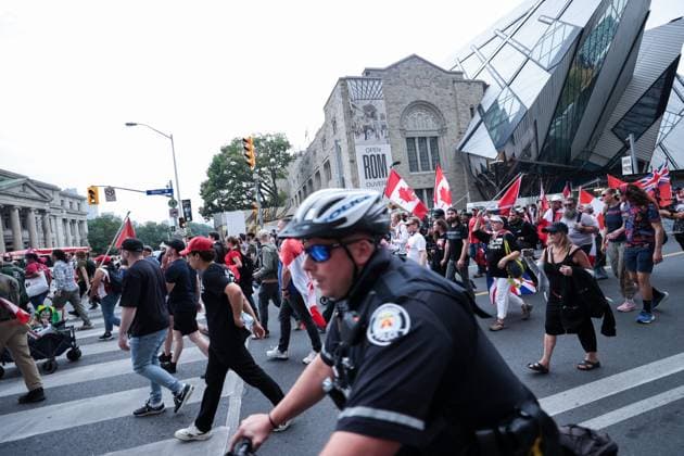 Anti-immigration rally and counter-demonstration in Toronto TORONTO, CANADA - SEPTEMBER 13 : Toronto police bike along the Canada First protestors during anti-immigration rally in Toronto, Ontario on September 13, 2025. Mert Alper Dervis Anadolu TORONTO Canada. Editorial use only. Please get in touch for any other usage.  Copyright: x2025xAnadoluxMertxAlperxDervisx