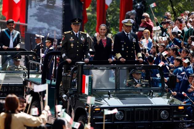 (L-R) Minister of Mexican National Defense, Ricardo Trevilla Trejo, Mexico s President Claudia Sheinbaum Pardo and the Minister of the Mexico s Navy, Raymundo Morales Angeles, arrive at the commemorative ceremony for the 178th anniversary of the NioÂ±os Heroes of Chapultepec at the Altar of the Fatherland in the Castillo de Chapultepec. on September 13, 2025 in Mexico City, Mexico. Mexico City Mexico - ZUMAe321 20250913_zia_e321_031 Copyright: xLuisxBarronx