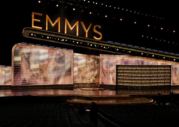 The stage is empty and set for the 77th annual Primetime Emmy Awards at the Peacock Theater in Los Angeles on Sunday, September 14, 2025.  LAP20250914700 JIMxRUYMEN