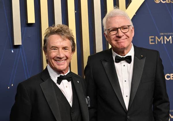 (L-R): Martin Short and Steve Martin arrive for the 77th annual Primetime Emmy Awards at the Peacock Theater in Los Angeles on Sunday, September 14, 2025.  LAP2025091444 CHISxCHEW
