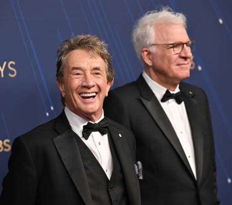 (L-R): Martin Short and Steve Martin arrive for the 77th annual Primetime Emmy Awards at the Peacock Theater in Los Angeles on Sunday, September 14, 2025.  LAP2025091445 CHISxCHEW