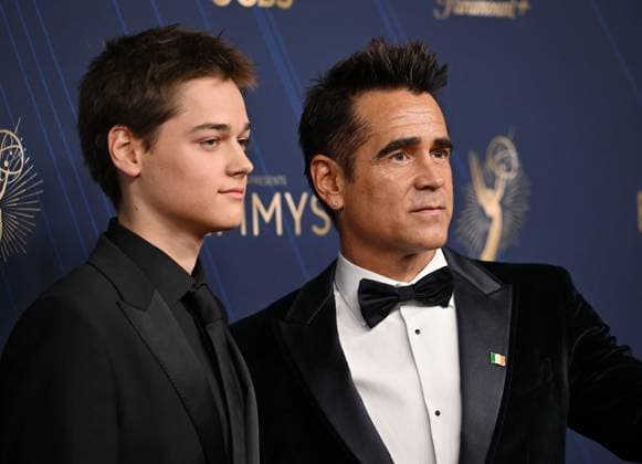 (L-R) Henry Farrell and Colin Farrell arrive for the 77th annual Primetime Emmy Awards at the Peacock Theater in Los Angeles on Sunday, September 14, 2025.  LAP2025091452 CHISxCHEW