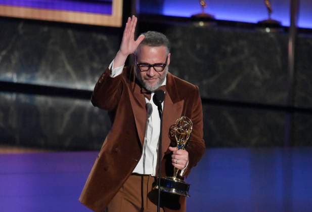 Actor Seth Rogen holds the Outstanding Lead Actor in a Comedy Series award for The Studio at the 77th annual Primetime Emmy Awards at the Peacock Theater in Los Angeles on Sunday, September 14, 2025.  LAP20250914710 JIMxRUYMEN