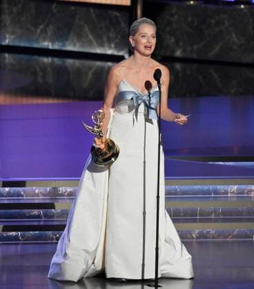 Katherine LaNasa accepts the Outstanding Supporting Actress in a Drama Series award for The Pitt at the 77th annual Primetime Emmy Awards at the Peacock Theater in Los Angeles on Sunday, September 14, 2025.  LAP202509142021 JIMxRUYMEN