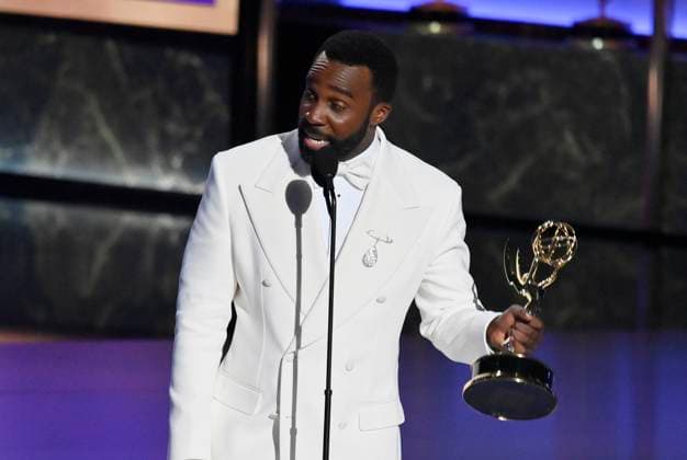 Tramell Tillman accepts the Outstanding Supporting Actor in a Drama Series award for Severance at the 77th annual Primetime Emmy Awards at the Peacock Theater in Los Angeles on Sunday, September 14, 2025.  LAP202509142030 JIMxRUYMEN