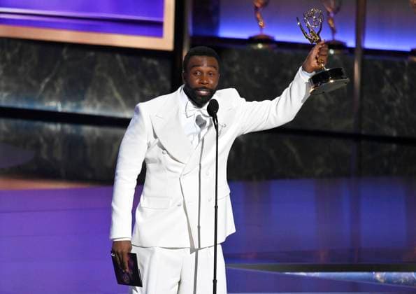 Tramell Tillman accepts the Outstanding Supporting Actor in a Drama Series award for Severance at the 77th annual Primetime Emmy Awards at the Peacock Theater in Los Angeles on Sunday, September 14, 2025.  LAP202509142032 JIMxRUYMEN