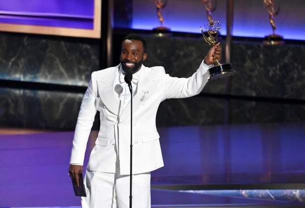 Tramell Tillman accepts the Outstanding Supporting Actor in a Drama Series award for Severance at the 77th annual Primetime Emmy Awards at the Peacock Theater in Los Angeles on Sunday, September 14, 2025.  LAP202509142033 JIMxRUYMEN