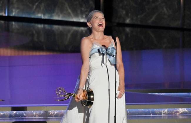 Katherine LaNasa accepts the Outstanding Supporting Actress in a Drama Series award for The Pitt at the 77th annual Primetime Emmy Awards at the Peacock Theater in Los Angeles on Sunday, September 14, 2025.  LAP202509142022 JIMxRUYMEN