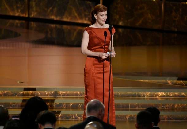 Britt Lower accepts the Outstanding Lead Actress in a Drama Series award for Severance onstage at the 77th annual Primetime Emmy Awards at the Peacock Theater in Los Angeles on Sunday, September 14, 2025.  LAP202509142040 JIMxRUYMEN
