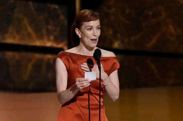Britt Lower accepts the Outstanding Lead Actress in a Drama Series award for Severance onstage at the 77th annual Primetime Emmy Awards at the Peacock Theater in Los Angeles on Sunday, September 14, 2025.  LAP202509142041 JIMxRUYMEN