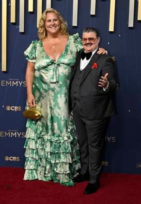 Bridget Everett and Murray Hill arrive for the 77th annual Primetime Emmy Awards at the Peacock Theater in Los Angeles on Sunday, September 14, 2025.  LAP20250914721 JohnxMcCoy