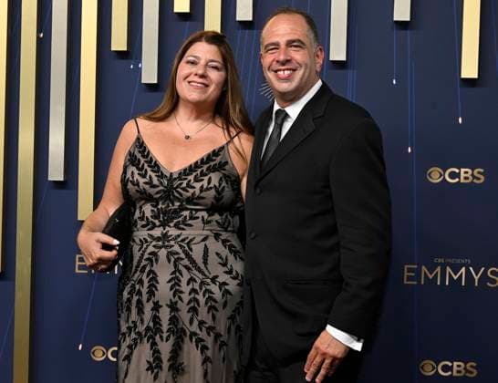 Sean and Eve Fogel arrive for the 77th annual Primetime Emmy Awards at the Peacock Theater in Los Angeles on Sunday, September 14, 2025.  LAP20250914723 JohnxMcCoy