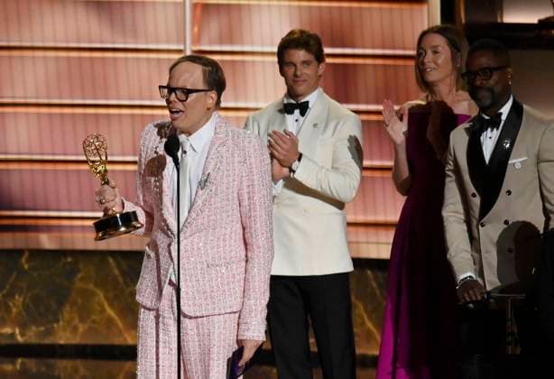 Jeff Hiller accepts the Outstanding Supporting Actor in a Comedy Series award for Somebody Somewhere onstage at the 77th annual Primetime Emmy Awards at the Peacock Theater in Los Angeles on Sunday, September 14, 2025.  LAP202509148023 JIMxRUYMEN
