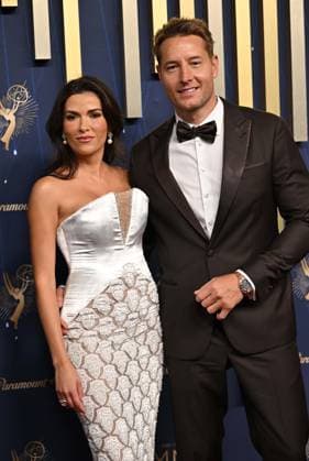(L-R) Sofia Pernas and Justin Hartley arrive for the 77th annual Primetime Emmy Awards at the Peacock Theater in Los Angeles on Sunday, September 14, 2025.  LAP2025091495 CHISxCHEW