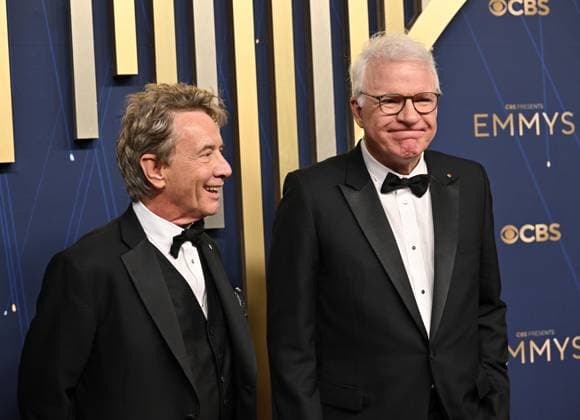 (L-R) Martin Short and Steve Martin arrive for the 77th annual Primetime Emmy Awards at the Peacock Theater in Los Angeles on Sunday, September 14, 2025.  LAP20250914103 CHISxCHEW