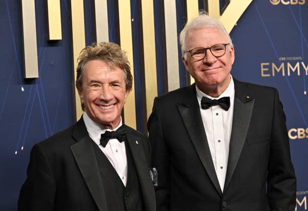 (L-R) Martin Short and Steve Martin arrive for the 77th annual Primetime Emmy Awards at the Peacock Theater in Los Angeles on Sunday, September 14, 2025.  LAP20250914104 CHISxCHEW