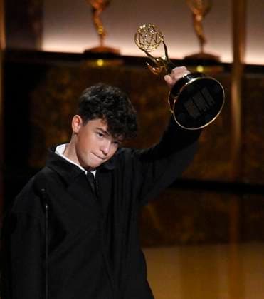 Owen Cooper accepts the Outstanding Supporting Actor in a Limited or Anthology Series or Movie award for Adolescence onstage at the 77th annual Primetime Emmy Awards at the Peacock Theater in Los Angeles on Sunday, September 14, 2025.  LAP2025091480456 JIMxRUYMEN