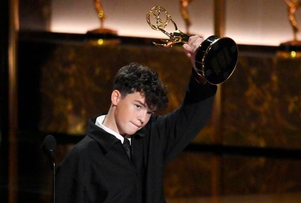 Owen Cooper accepts the Outstanding Supporting Actor in a Limited or Anthology Series or Movie award for Adolescence onstage at the 77th annual Primetime Emmy Awards at the Peacock Theater in Los Angeles on Sunday, September 14, 2025.  LAP2025091480457 JIMxRUYMEN