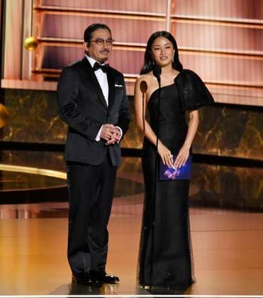 Hiroyuki Sanada and Anna Sawai speak onstage at the 77th annual Primetime Emmy Awards at the Peacock Theater in Los Angeles on Sunday, September 14, 2025.  LAP2025091480480 JIMxRUYMEN