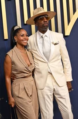 (L-R) Shahidah Omar and J. B. Smoove arrive for the 77th annual Primetime Emmy Awards at the Peacock Theater in Los Angeles on Sunday, September 14, 2025.  LAP20250914171 CHISxCHEW