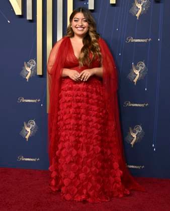 Keyla Monterroso Mejia from The Studio, arrives for the 77th annual Primetime Emmy Awards at the Peacock Theater in Los Angeles on Sunday, September 14, 2025.  LAP20250914744 JohnxMcCoy