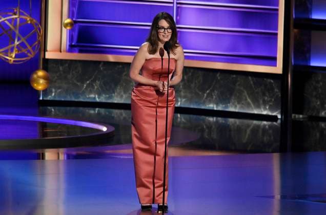 Tina Fey speaks onstage at the 77th annual Primetime Emmy Awards at the Peacock Theater in Los Angeles on Sunday, September 14, 2025.  LAP202509143010 JIMxRUYMEN