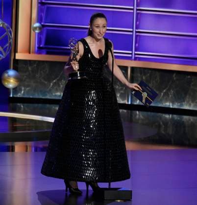 Erin Doherty accepts the Outstanding Supporting Actress in a Limited or Anthology Series or Movie award for Adolescence onstage at the 77th annual Primetime Emmy Awards at the Peacock Theater in Los Angeles on Sunday, September 14, 2025.  LAP202509143013 JIMxRUYMEN