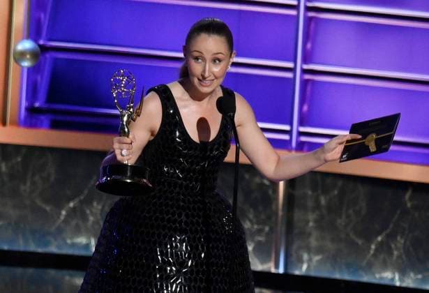 Erin Doherty accepts the Outstanding Supporting Actress in a Limited or Anthology Series or Movie award for Adolescence onstage at the 77th annual Primetime Emmy Awards at the Peacock Theater in Los Angeles on Sunday, September 14, 2025.  LAP202509143014 JIMxRUYMEN