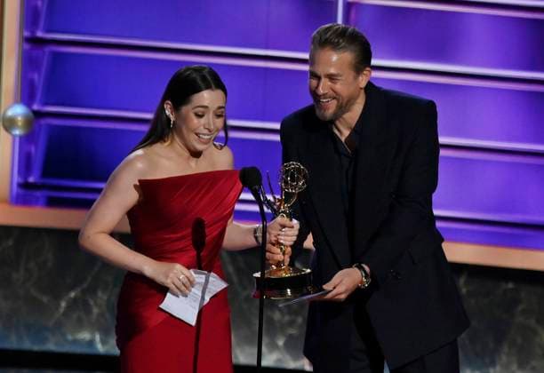 Cristin Milioti accepts the Outstanding Lead Actress in a Limited or Anthology Series or Movie award for The Penguin onstage at the 77th annual Primetime Emmy Awards at the Peacock Theater in Los Angeles on Sunday, September 14, 2025.  LAP202509143017 JIMxRUYMEN