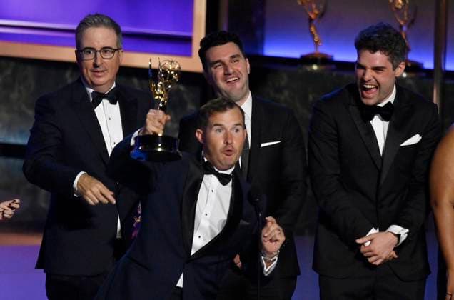 Daniel O Brien accepts the Outstanding Writing for a Variety Series award for Last Week Tonight with John Oliver onstage at the 77th annual Primetime Emmy Awards at the Peacock Theater in Los Angeles on Sunday, September 14, 2025.  LAP202509143032 JIMxRUYMEN