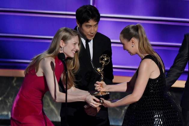Erin Doherty accepts the Outstanding Supporting Actress in a Limited or Anthology Series or Movie award for Adolescence onstage at the 77th annual Primetime Emmy Awards at the Peacock Theater in Los Angeles on Sunday, September 14, 2025.  LAP202509143096 JIMxRUYMEN