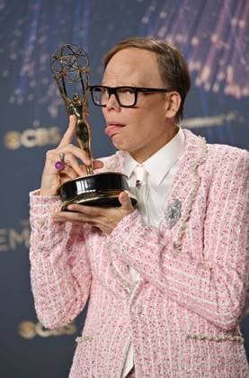 Jeff Hiller holds the Emmy for Outstanding Supporting Actor in a Comedy Series for Somebody Somewhere, backstage during the 77th annual Primetime Emmy Awards at the Peacock Theater in Los Angeles on Sunday, September 14, 2025.  LAP20250914187 CHISxCHEW