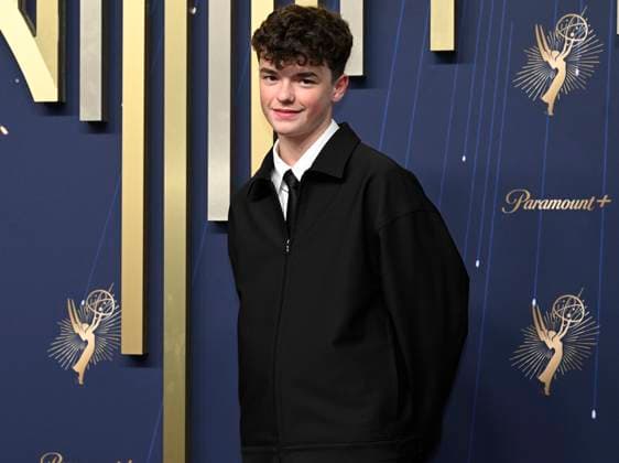 Owen Cooper, nominee for his work on Adolescence, arrives for the 77th annual Primetime Emmy Awards at the Peacock Theater in Los Angeles on Sunday, September 14, 2025.  LAP20250914757 JohnxMcCoy