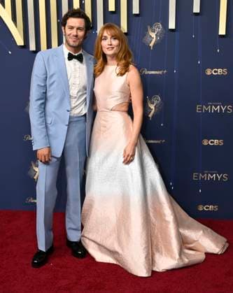 Adam Brody, nominee for Outstanding Lead Actor in a Comedy Series for his work on Nobody Wants This, and Leighton Meester arrive for the 77th annual Primetime Emmy Awards at the Peacock Theater in Los Angeles on Sunday, September 14, 2025.  LAP20250914760 JohnxMcCoy
