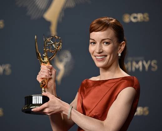 Britt Lower holds the Emmy for Outstanding Supporting Actress in a Drama Series for The Pitt, backstage during the 77th annual Primetime Emmy Awards at the Peacock Theater in Los Angeles on Sunday, September 14, 2025.  LAP20250914192 CHISxCHEW