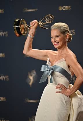 Katherine LaNasa holds the Emmy for Outstanding Supporting Actress in a Drama Series award for The Pitt, backstage during the 77th annual Primetime Emmy Awards at the Peacock Theater in Los Angeles on Sunday, September 14, 2025.  LAP20250914197 CHISxCHEW