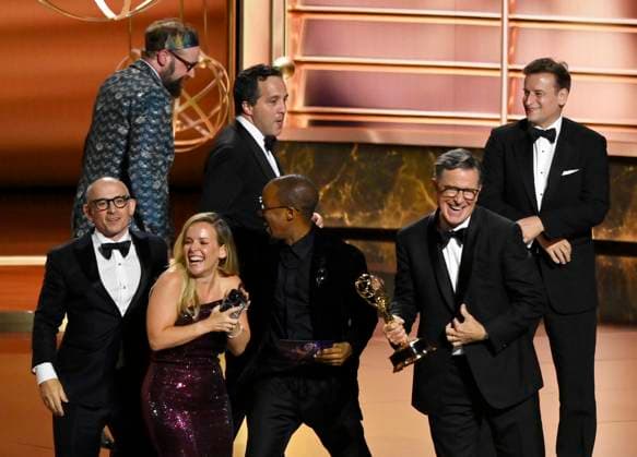 Stephen Colbert accepts the Outstanding Talk Series Award for The Late Show with Stephen Colbert onstage at the 77th annual Primetime Emmy Awards at the Peacock Theater in Los Angeles on Sunday, September 14, 2025.  LAP202509143060 JIMxRUYMEN