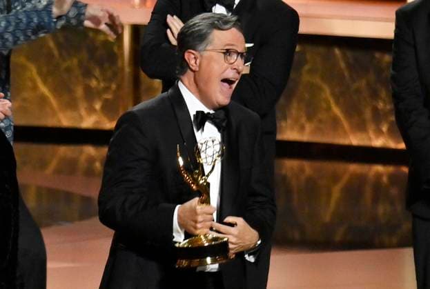 Stephen Colbert accepts the Outstanding Talk Series Award for The Late Show with Stephen Colbert onstage at the 77th annual Primetime Emmy Awards at the Peacock Theater in Los Angeles on Sunday, September 14, 2025.  LAP202509143062 JIMxRUYMEN