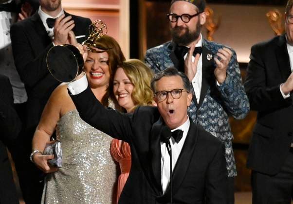 Stephen Colbert accepts the Outstanding Talk Series Award for The Late Show with Stephen Colbert onstage at the 77th annual Primetime Emmy Awards at the Peacock Theater in Los Angeles on Sunday, September 14, 2025.  LAP202509143067 JIMxRUYMEN