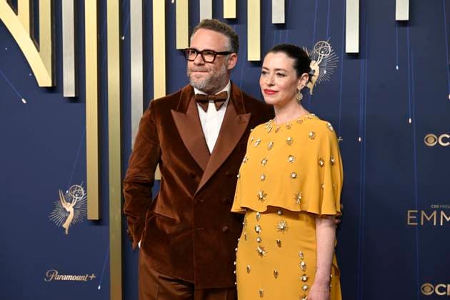 Seth Rogen and his wife Lauren arrive for the 77th annual Primetime Emmy Awards at the Peacock Theater in Los Angeles on Sunday, September 14, 2025.  LAP20250914765 JohnxMcCoy