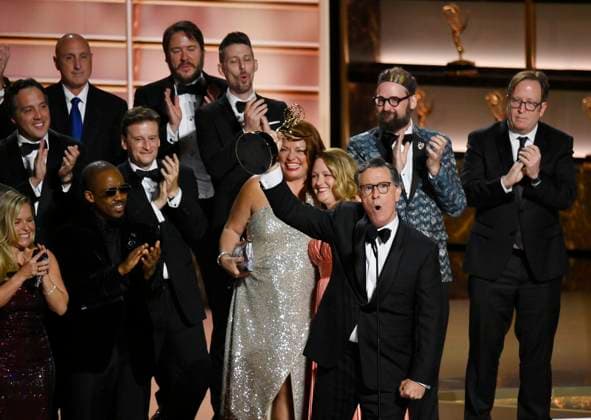 Stephen Colbert accepts the Outstanding Talk Series Award for The Late Show with Stephen Colbert onstage at the 77th annual Primetime Emmy Awards at the Peacock Theater in Los Angeles on Sunday, September 14, 2025.  LAP202509143061 JIMxRUYMEN