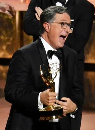 Stephen Colbert accepts the Outstanding Talk Series Award for The Late Show with Stephen Colbert onstage at the 77th annual Primetime Emmy Awards at the Peacock Theater in Los Angeles on Sunday, September 14, 2025.  LAP202509143062r JIMxRUYMEN
