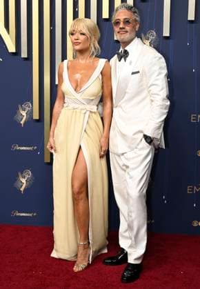 Taika Waititi, Rita Ora arrive for the 77th annual Primetime Emmy Awards at the Peacock Theater in Los Angeles on Sunday, September 14, 2025.  LAP202509142225 JohnxMcCoy