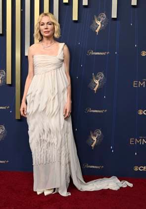 Michelle Williams arrives for the 77th annual Primetime Emmy Awards at the Peacock Theater in Los Angeles on Sunday, September 14, 2025.  LAP202509142226 JohnxMcCoy