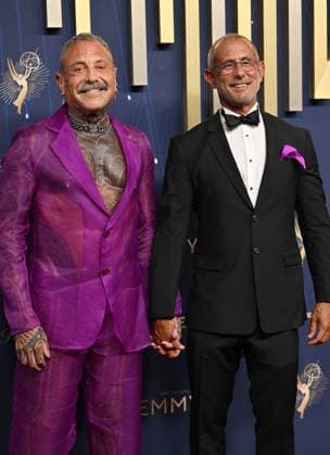 (L-R) Brad Carpenter and Chris Arruda arrive for the 77th annual Primetime Emmy Awards at the Peacock Theater in Los Angeles on Sunday, September 14, 2025.  LAP20250914279 CHISxCHEW