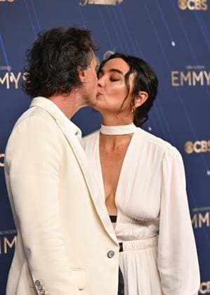 (L-R) Walton Goggins and Nadia Conners arrive for the 77th annual Primetime Emmy Awards at the Peacock Theater in Los Angeles on Sunday, September 14, 2025.  LAP20250914281 CHISxCHEW